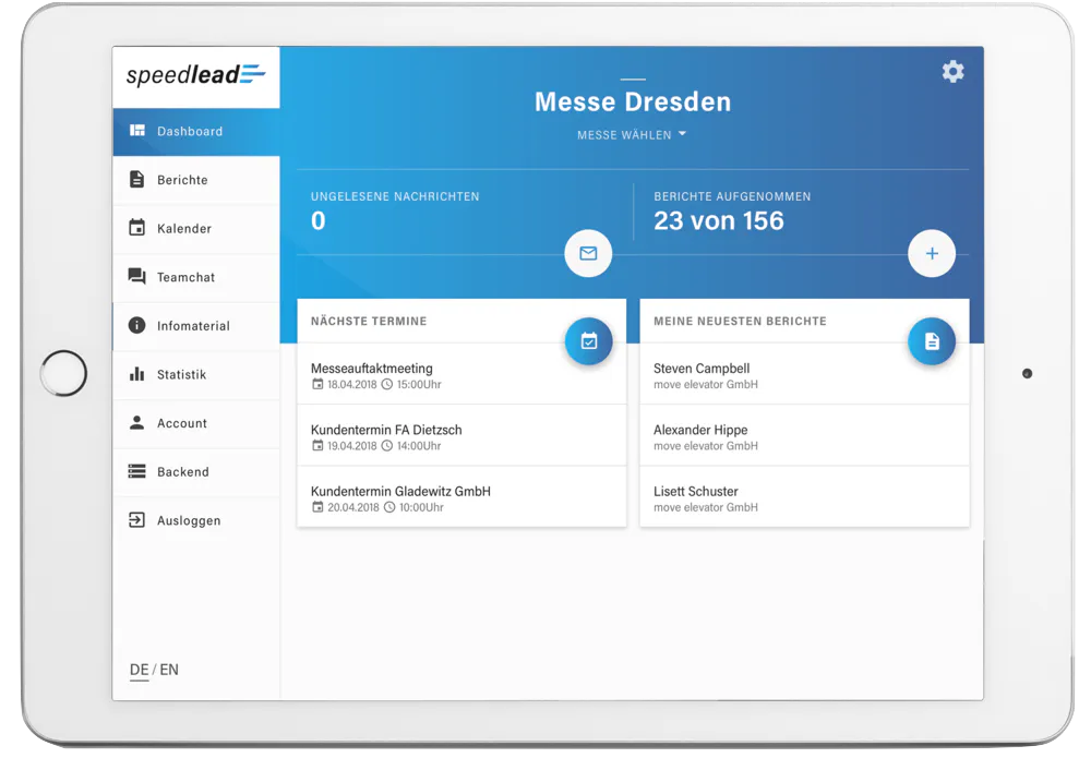 Das speedlead-Dashboard auf einem horizontal ausgerichtetem Tablet
