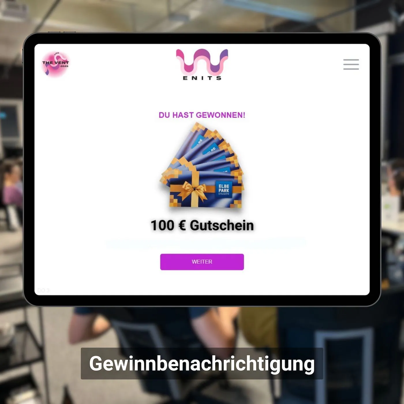 Anzeige der Gewinnbenachrichtung auf einem Tablet
